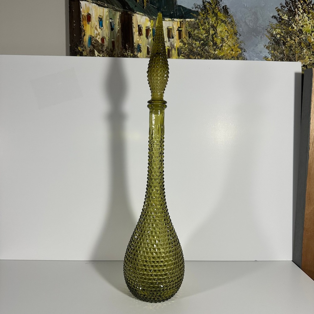 Vintage Empoli Italian Olive Green Glass Genie Bottle Decanter Diamond Hobnail